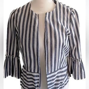 ZARA BASIC Top Sz XS Blue White Striped Open-Front Ruffled Bell Sleeve J…